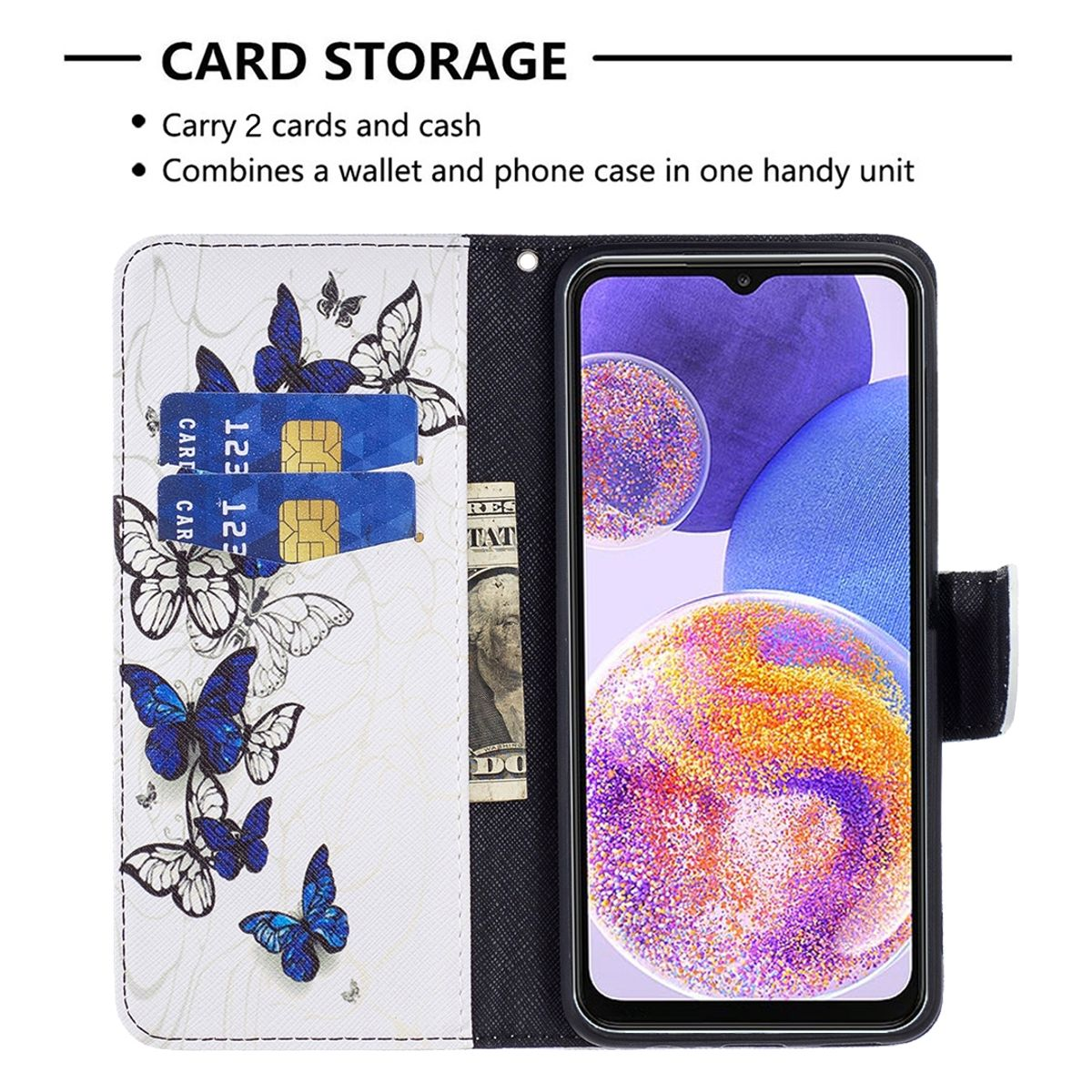Eine offene Handyhülle mit Telefon, Karten und einem Dollarschein. Schmetterlinge verzieren die Hülle.