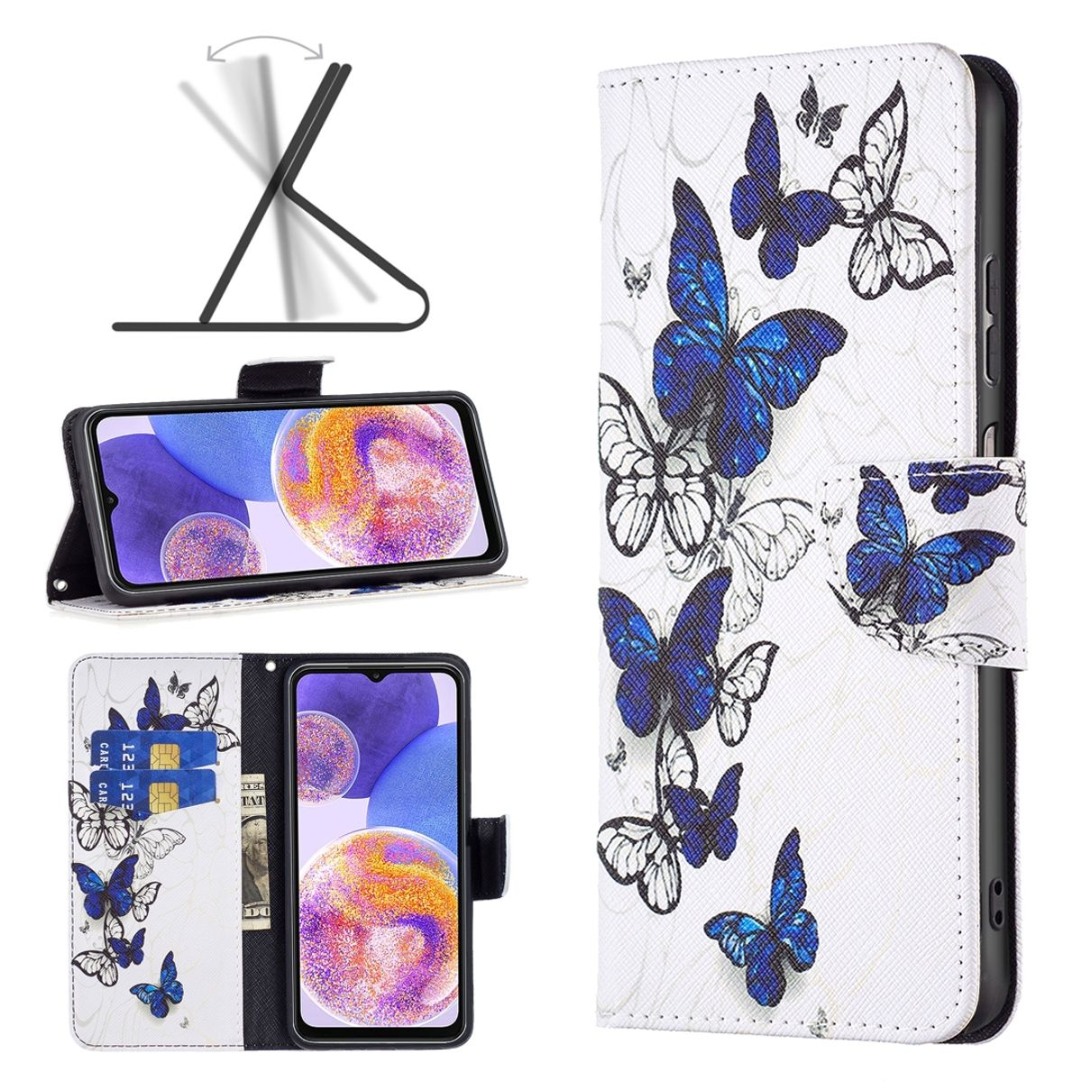Handyhülle mit Schmetterlingen auf dem Cover. Telefon geöffnet und im Ständermodus.