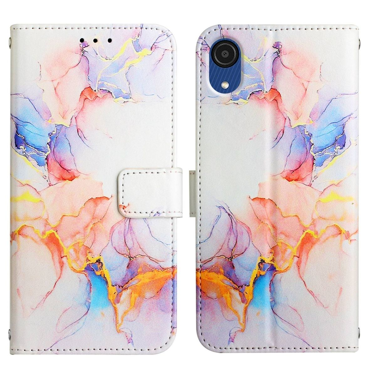 Weiße Handyhülle mit abstraktem, farbenfrohem Design. Offen, zeigt die Telefonkamera.