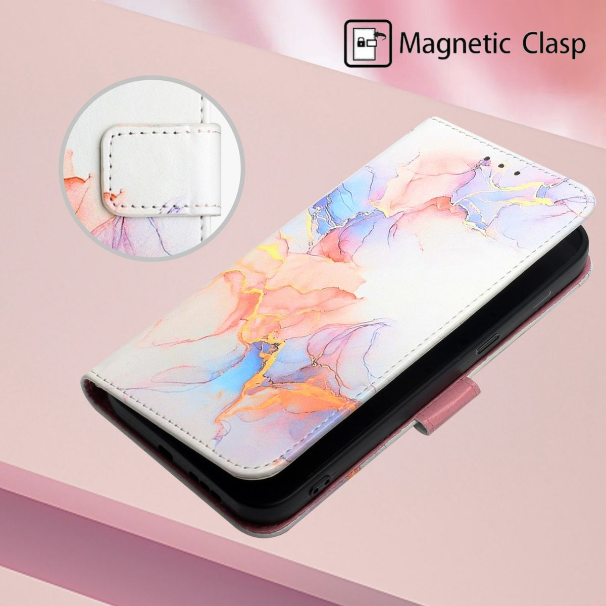 Weiße Handyhülle mit farbenfrohem, abstraktem Design, offen, zeigt ein Telefon im Inneren. Magnetverschluss-Detail.