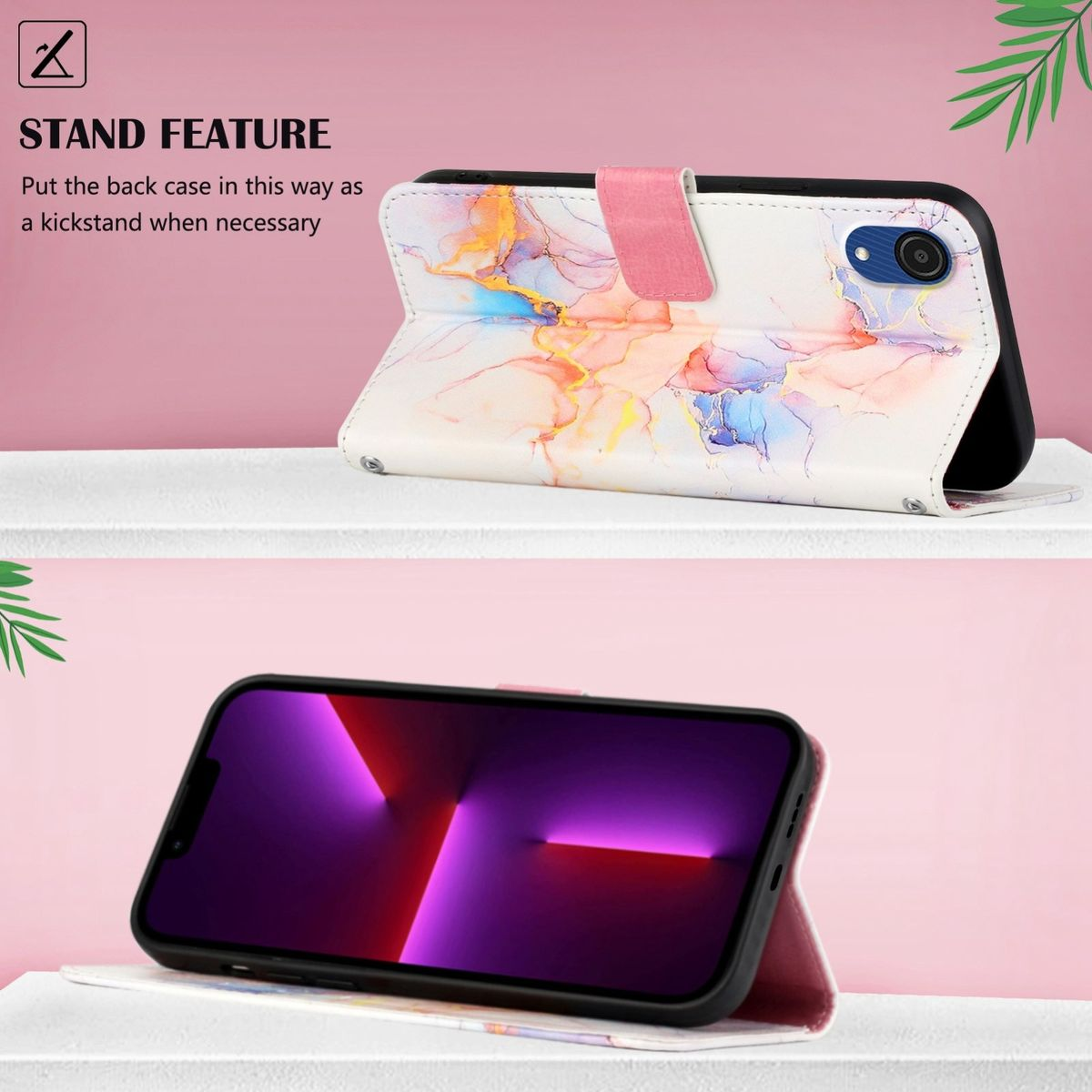 Telefon in Hülle, offen. Die Hülle hat Marmordesign, rosa Ständer. Die Rückseite ist ein Ständer.