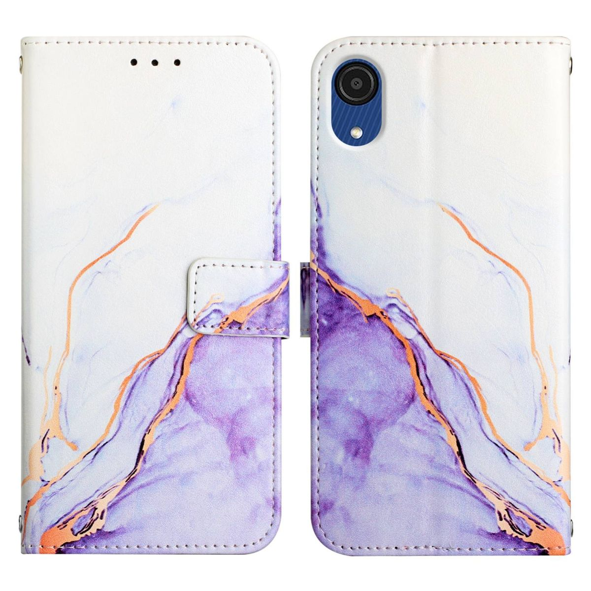 Weiße Handyhülle mit Marmordesign. Geöffnete und geschlossene Ansicht. Telefonkamera oben.