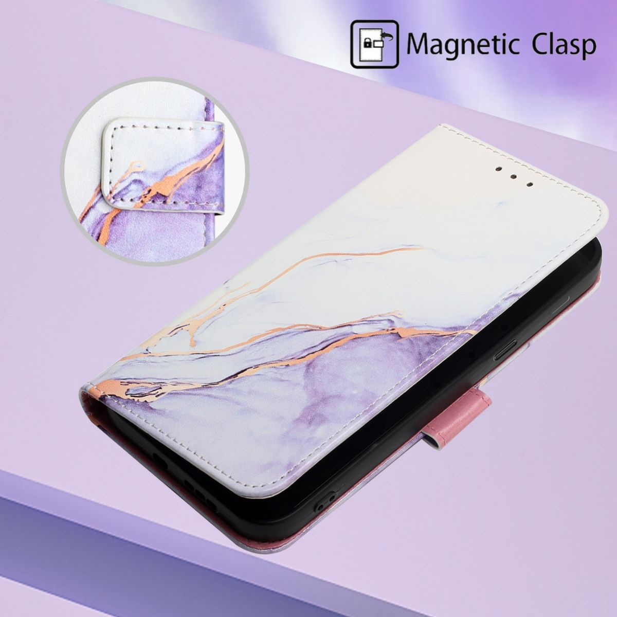 Weißes Handy-Hülle mit Marmordesign. Verfügt über Magnetverschluss und einen lilafarbenen Hintergrund.