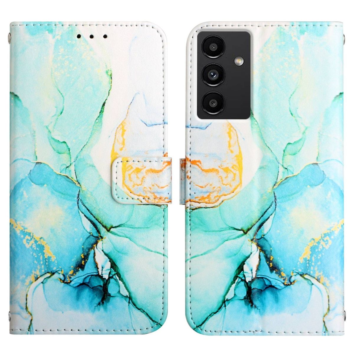 Handyhülle offen mit blauem und goldenem Design.