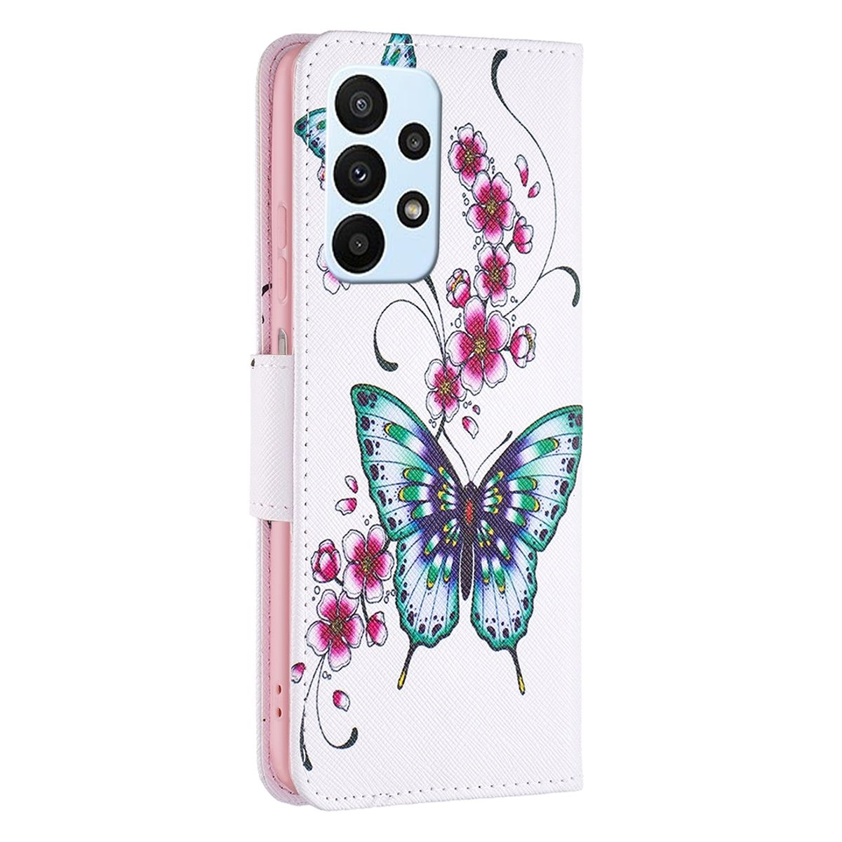 Weißes Handycase mit Schmetterling- und Blumendesign, offen, mit pinkem Innenraum und Telefon.
