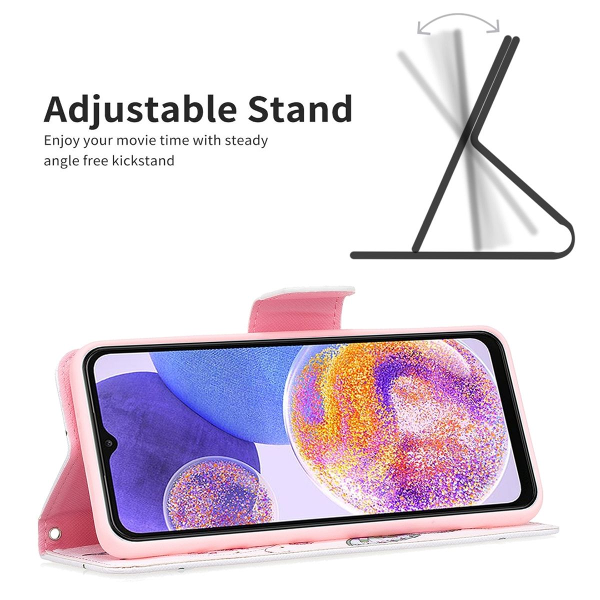 Rosa Handyhülle mit einem Telefon darin. Das Telefon hat eine Bildschirmanzeige.
