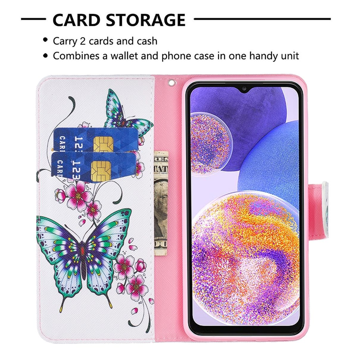 Rosa Handyhülle mit Schmetterlingsdesign, Karten und Telefon. Enthält Karten- und Bargeldaufbewahrung.