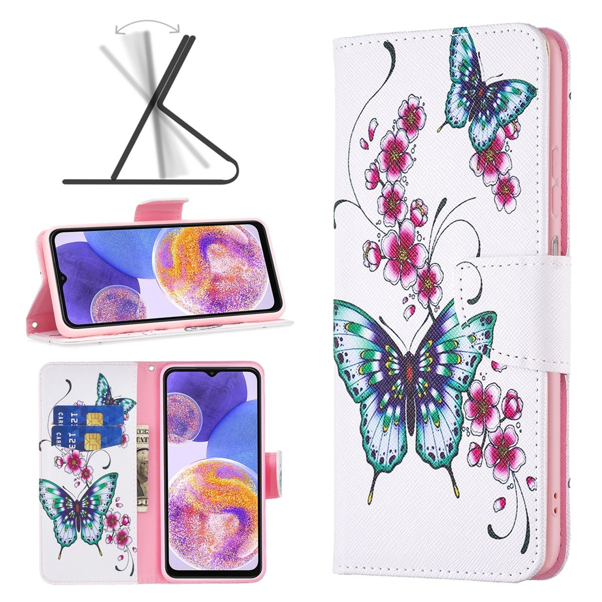 Eine pinke Handyhülle mit Schmetterlingen und Blumen. Ein Telefon ist drin, auf einem Ständer.