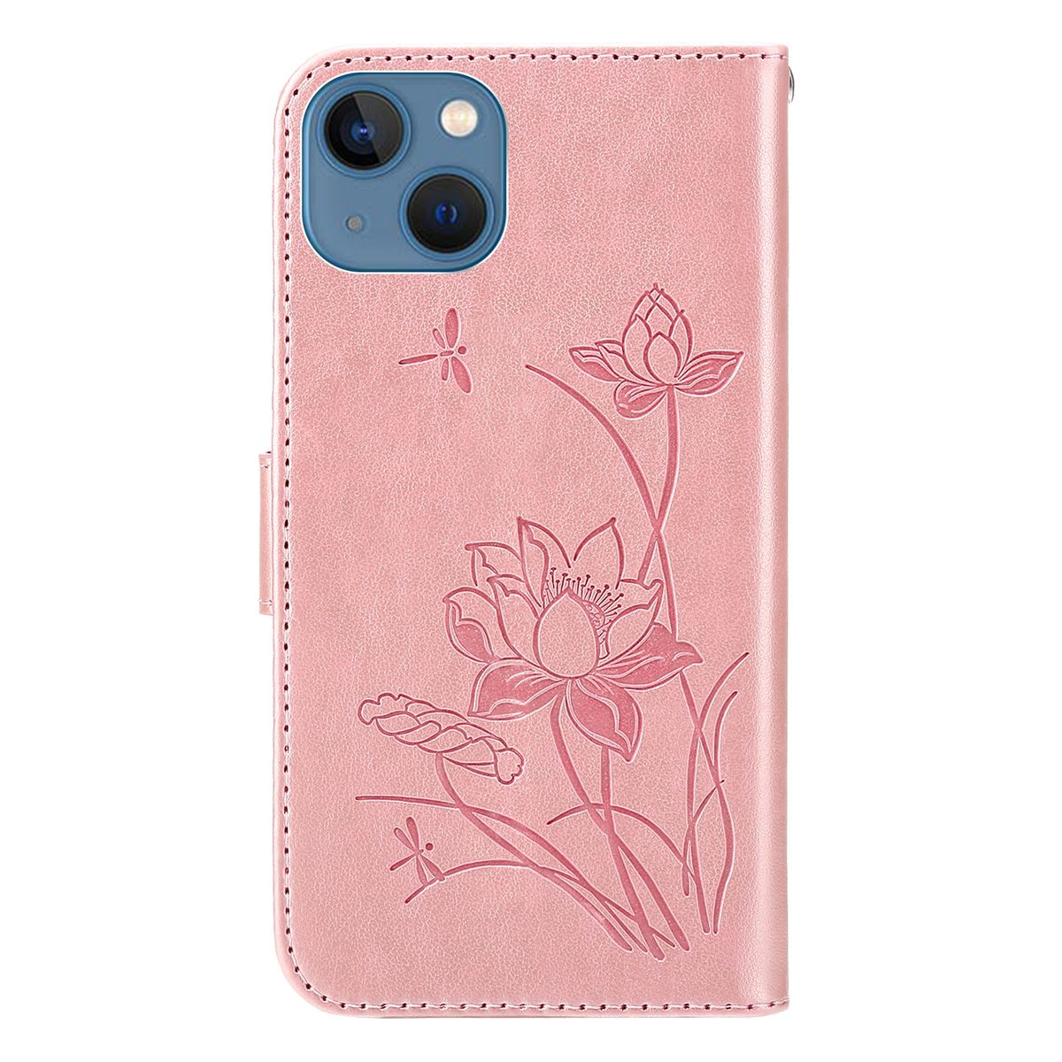 Eine rosa Handyhülle mit floralem Design. Die Hülle ist geschlossen und zeigt das Design, eine Libelle ist darauf.