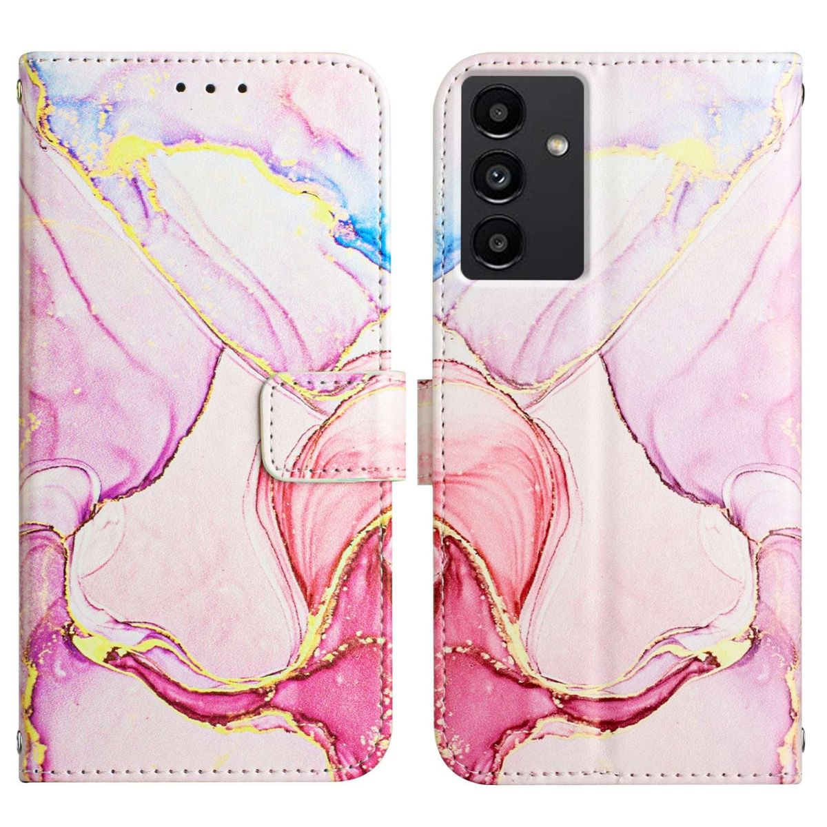 Handyhülle mit abstraktem rosa-goldenen Design. Die Hülle ist offen. Telefon ist drin.
