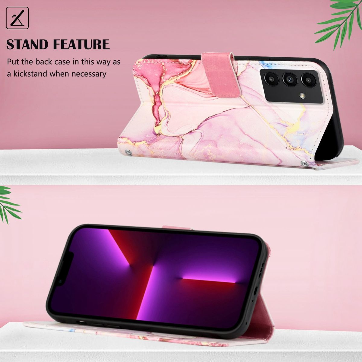 Ein Telefon in einer Hülle. Die Hülle ist offen und zeigt das hochgestellte Telefon. Der Hintergrund ist rosa mit einem Blatt.