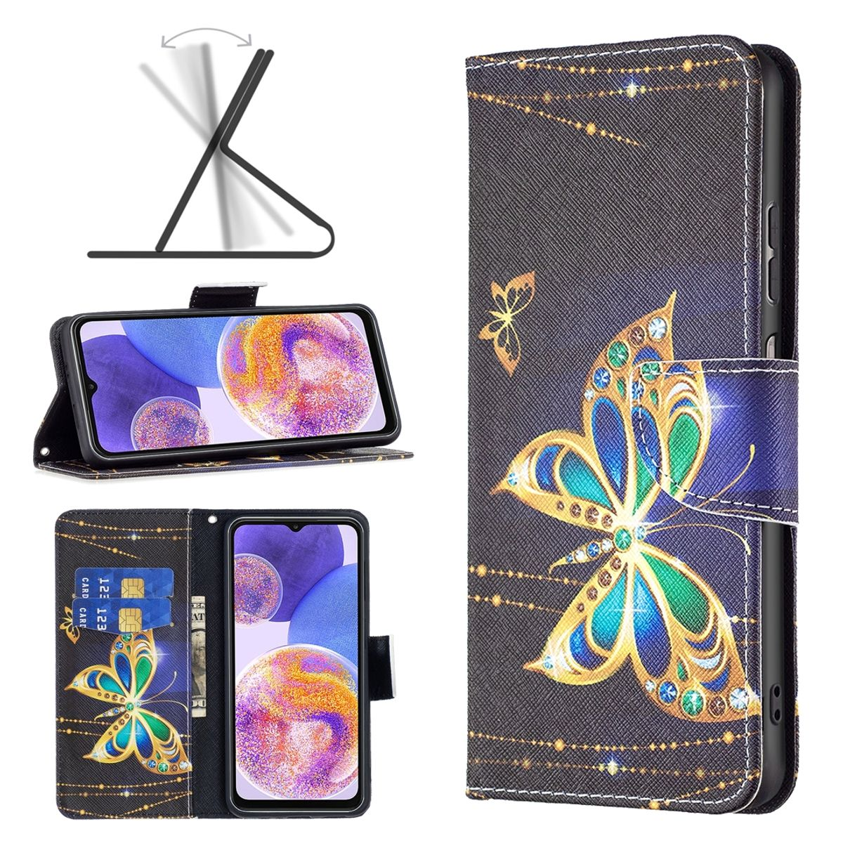 Schwarze Handyhülle mit Schmetterlingsdesign. Die Handyhülle zeigt das Telefon und eine Aufstelloption.