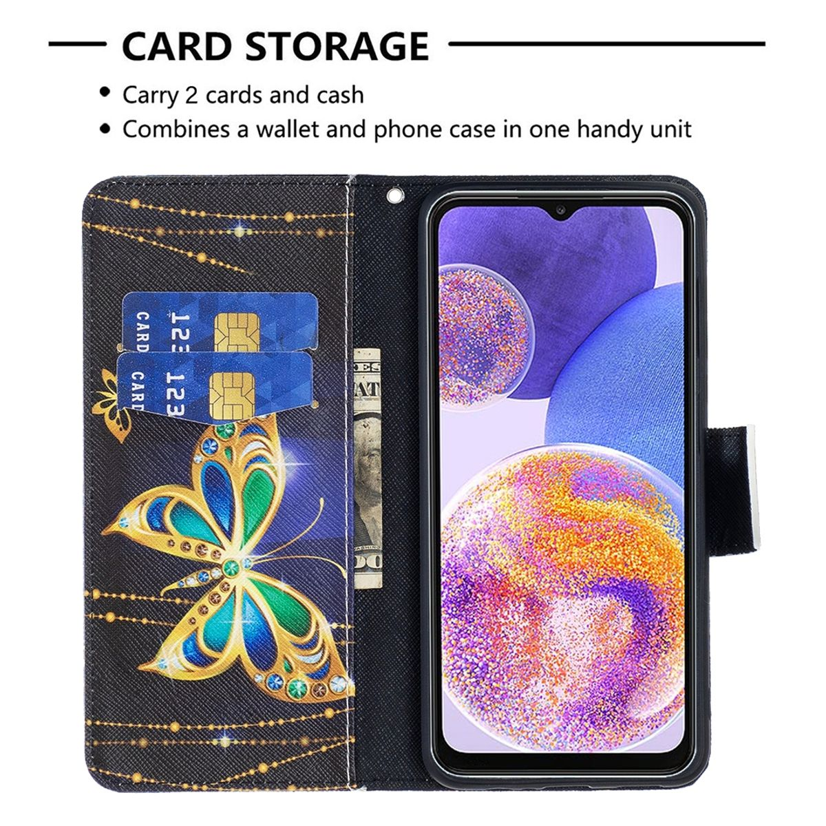 Geöffnete Handyhülle mit Karten und Bargeld. Das Telefon zeigt ein farbenfrohes Design.