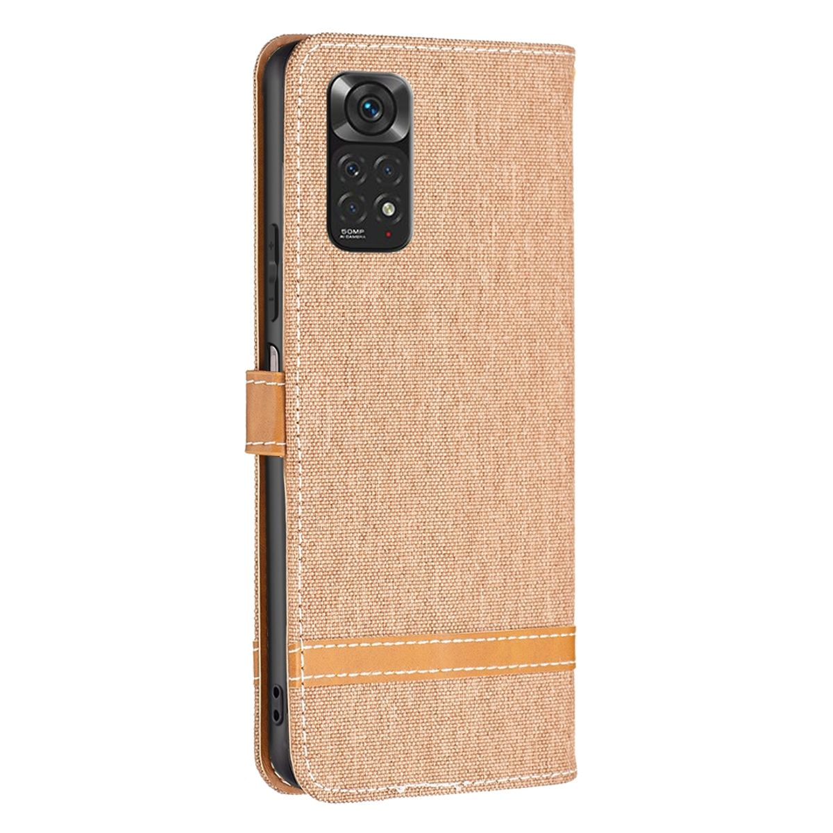 Beige Handyhülle mit braunem Riemendetail und sichtbarem Kameramodul.