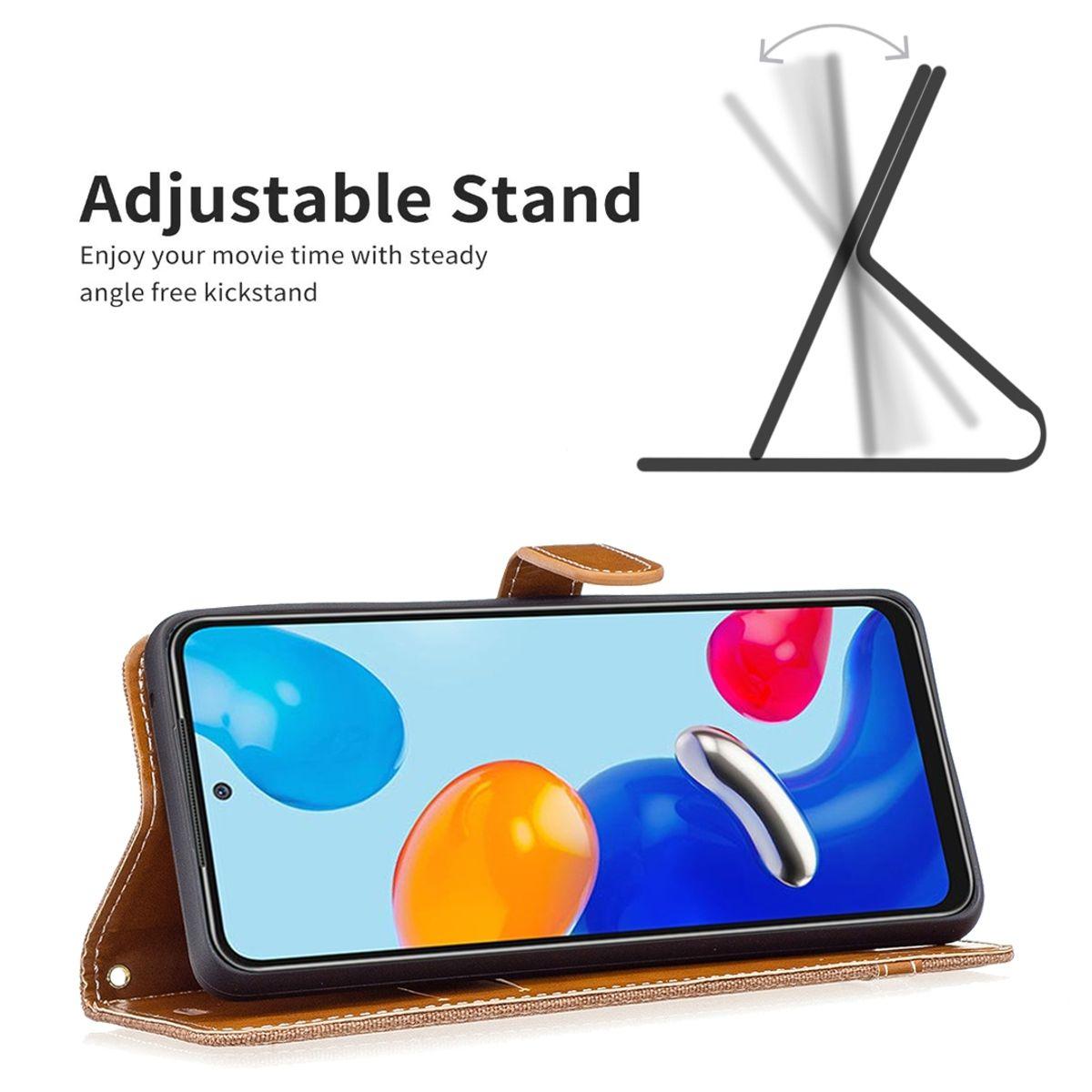 Telefon in Hülle, geöffnet, aufgestellt. Bildschirm zeigt orange und blaue Formen. Verstellbarer Ständer.