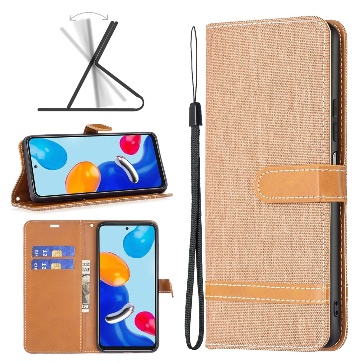 Handyhülle, beiger Canvas, braune Lederakzente, Riemen, Telefon in der Hülle, mit Karten und Bargeld.