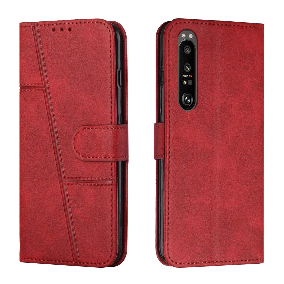 Rote Leder-Handyhülle mit Telefon und Nähten.