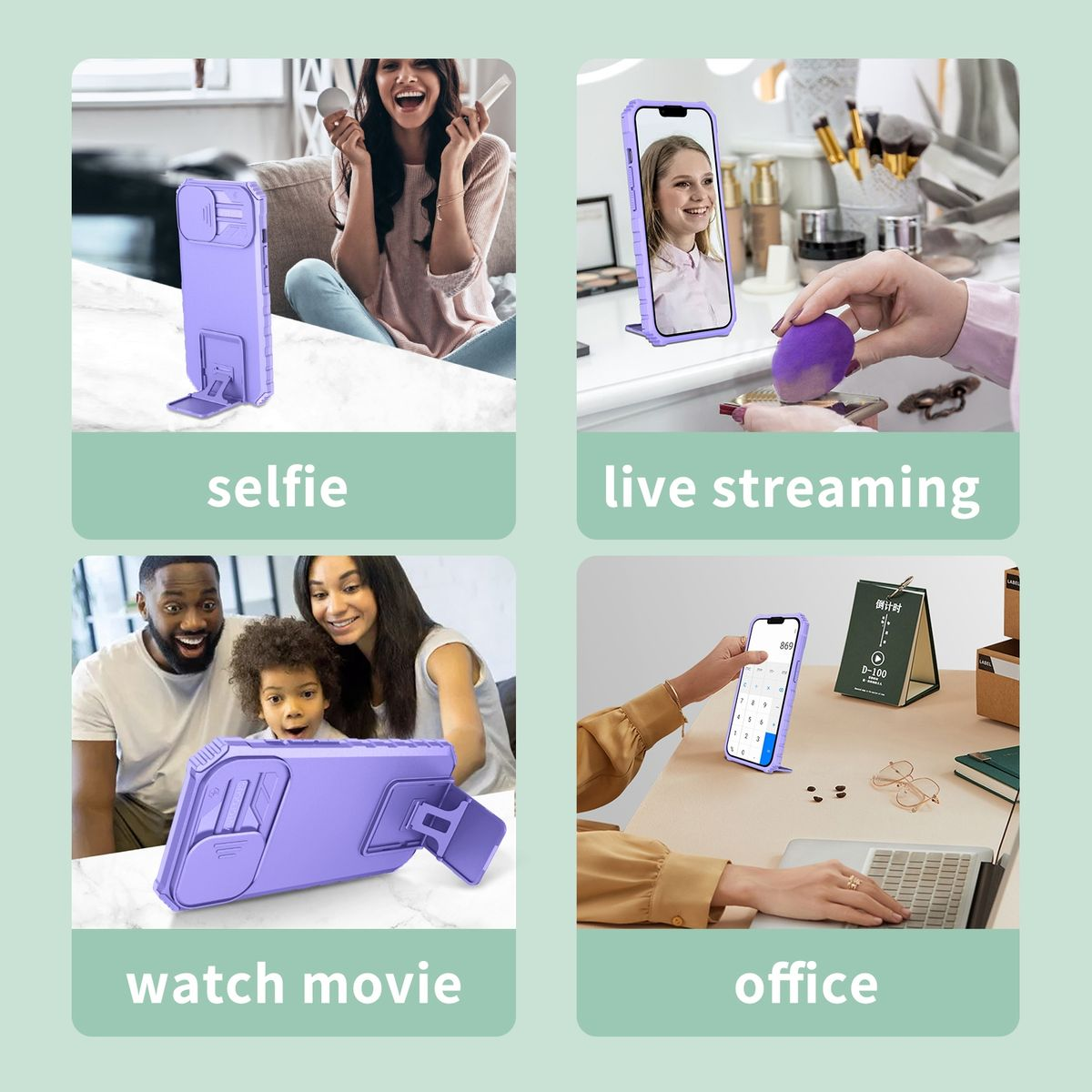 Vier Bilder, die eine lila Handyhülle zeigen, die für Selfies, Live-Streaming, Filme ansehen und Büro verwendet wird.