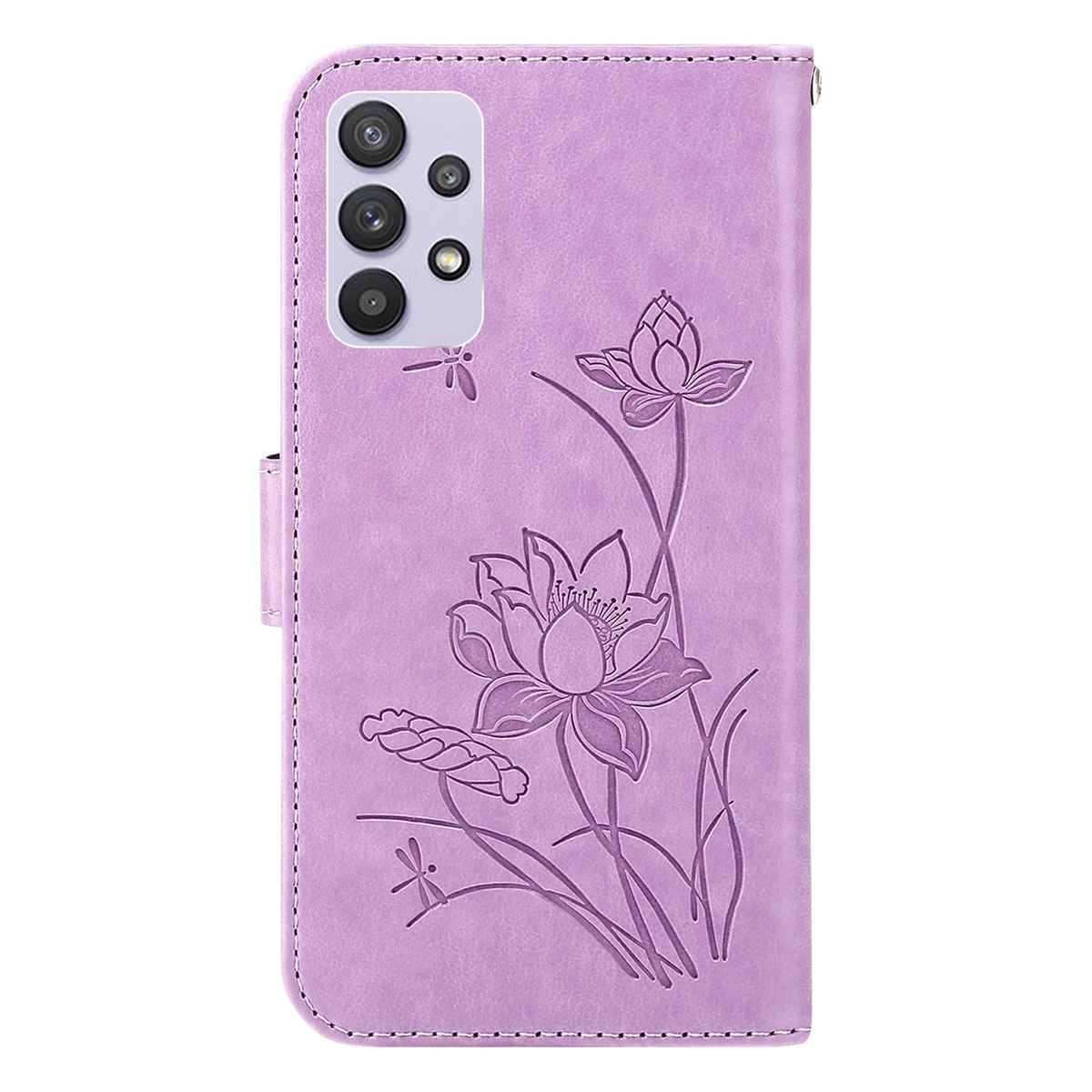 Lila Handyhülle mit floralem Design. Lotusblumen und Blätter sind auf der Hülle geprägt.