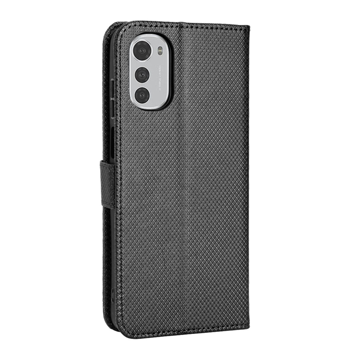 Schwarze Handyhülle mit strukturiertem Muster, geschlossen. Ein Telefon mit Kameras ist sichtbar.