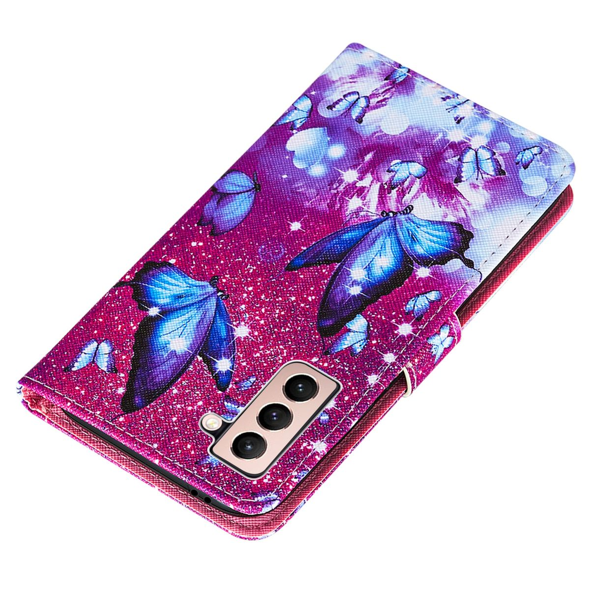 Lila Handyhülle mit Schmetterlingsdesign, offen, mit Telefon.