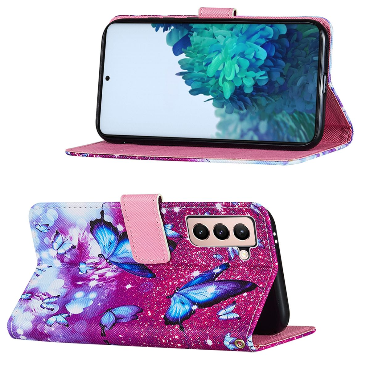 Eine Handyhülle mit Schmetterlingsdesign, geöffnet, um einen Telefonbildschirm freizugeben. Die Hülle hat rosa Akzente.