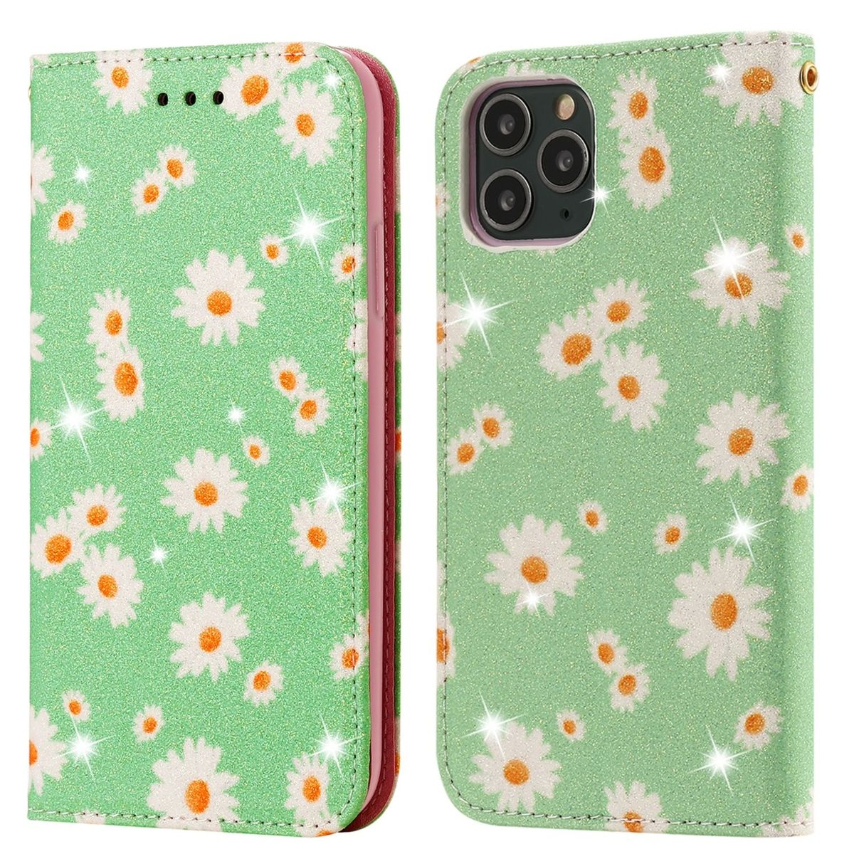 Ein grünes Handycase mit weißen Blumen. Das Case ist geöffnet und zeigt ein Telefon im Inneren.