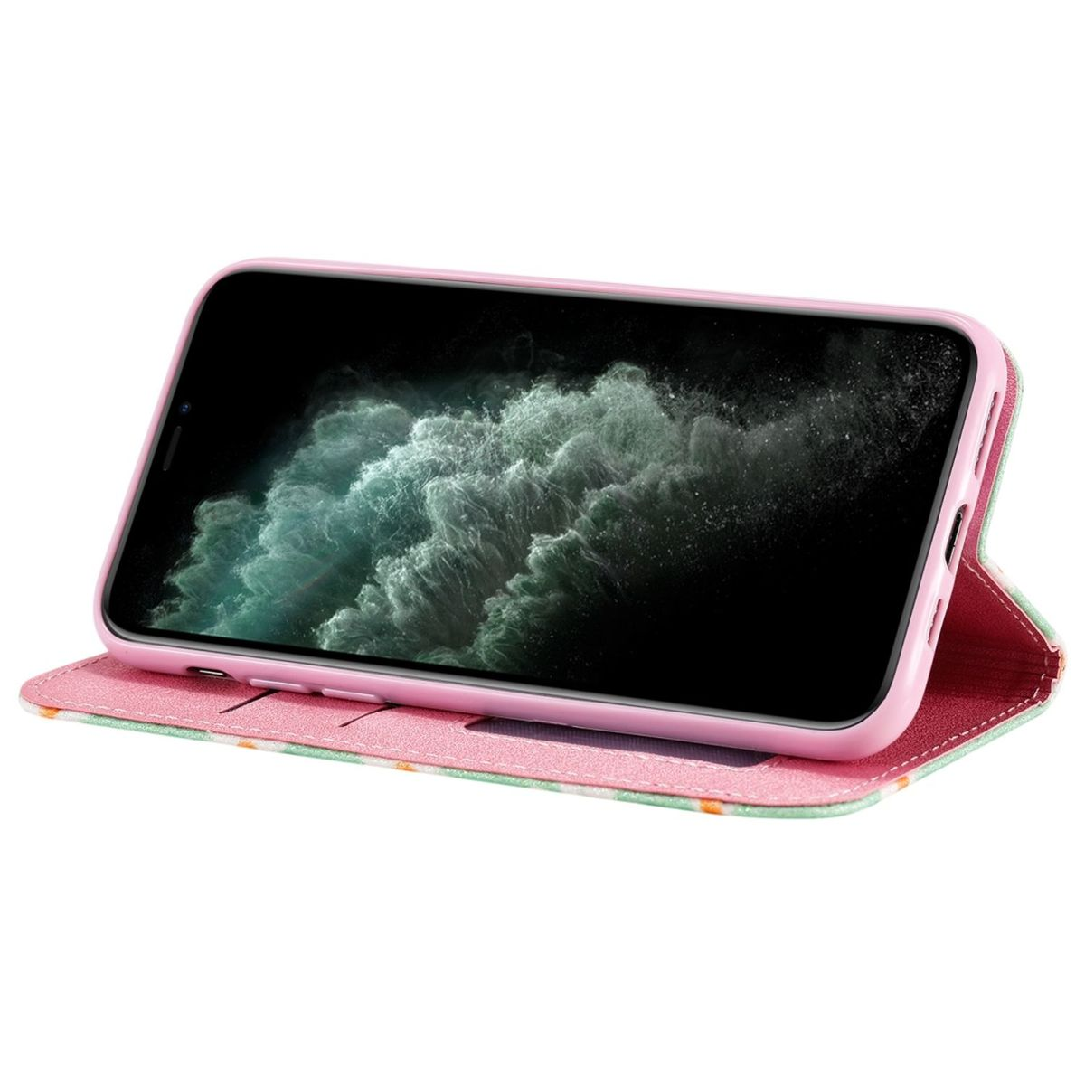 Telefon in einer rosa und mintfarbenen Hülle. Die Hülle ist offen, mit floralem Design außen.