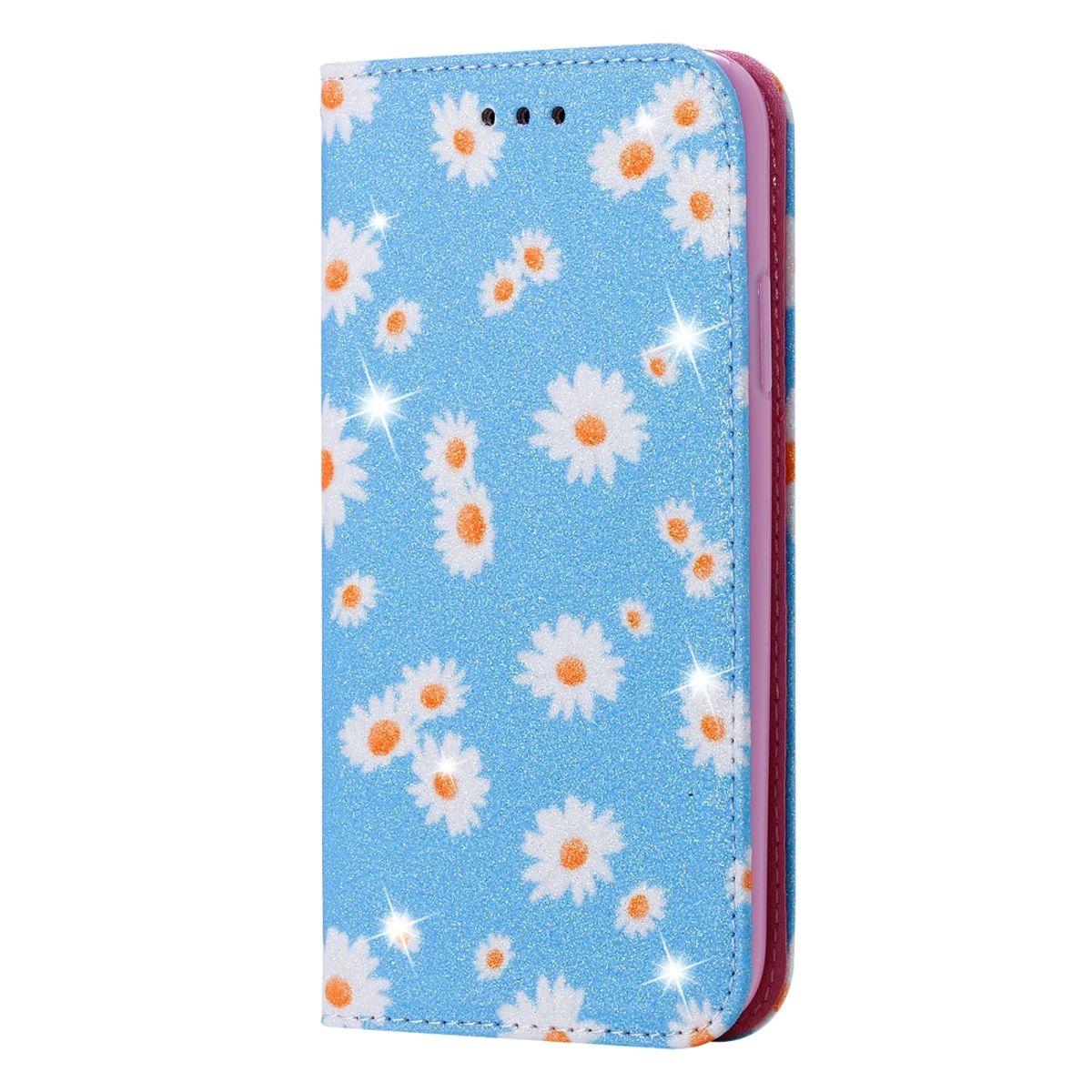 Blaue Handyhülle mit Gänseblümchenmuster. Die Hülle ist offen und zeigt das Telefon im Inneren.