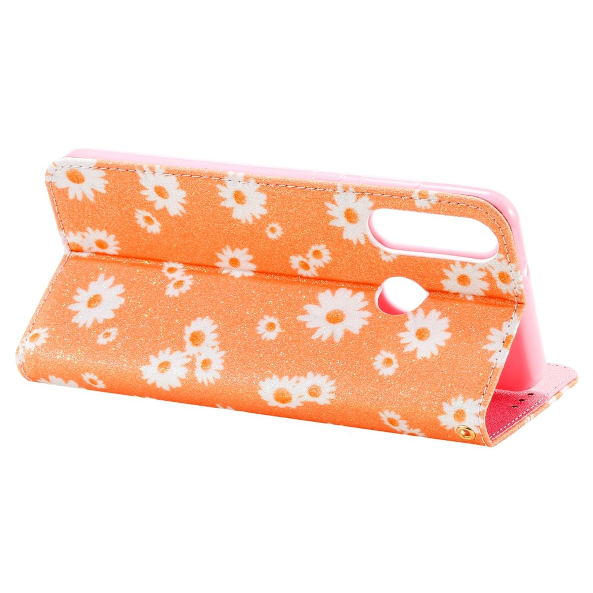 Orangefarbene Handyhülle mit weißen Gänseblümchen. Die Hülle ist geöffnet und zeigt das Innendesign.