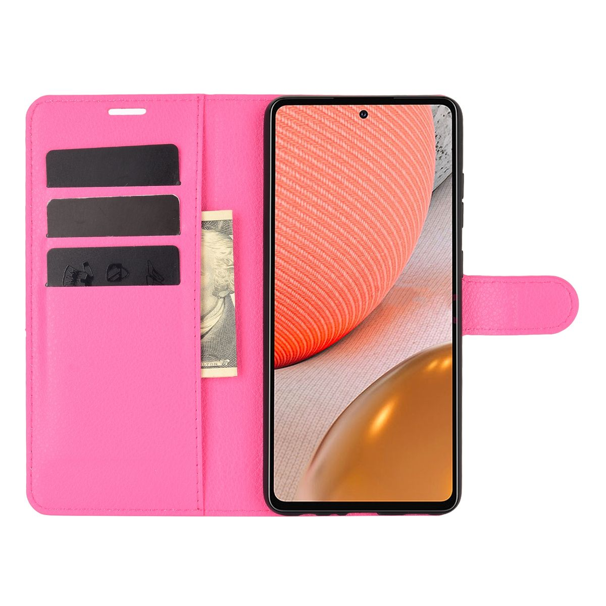 Rosa Brieftaschen-Handyhülle. Innenfächer für Karten und ein Geldschein.