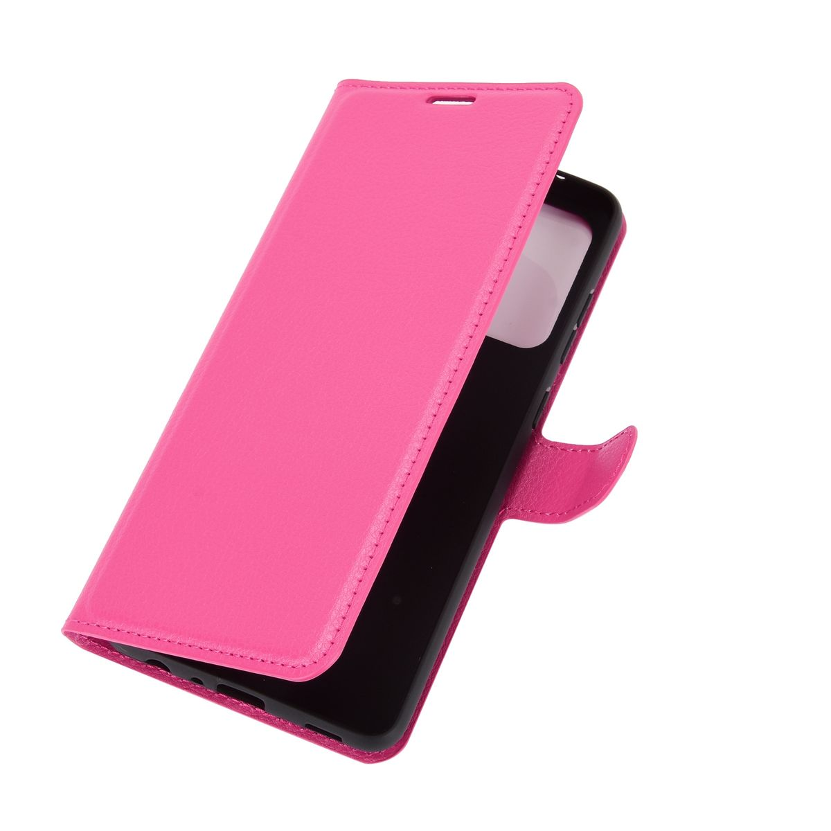 Geöffnete rosa Handyhülle. Telefon innen. Die Hülle hat eine einfarbige rosa Farbe. Die Innenseite ist schwarz.