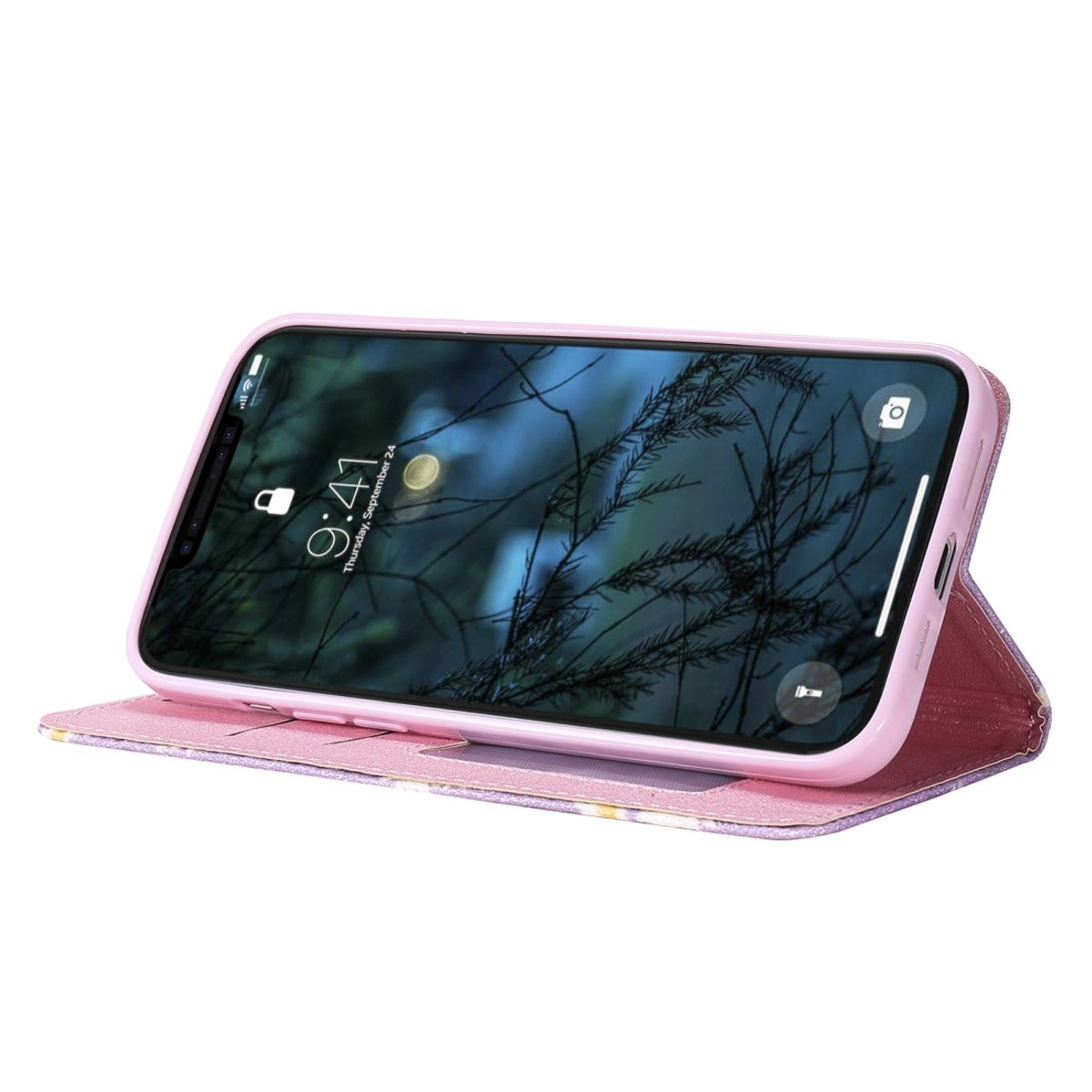 Ein Telefon in einer Hülle ist geöffnet und zeigt einen Bildschirm. Das Telefon steht auf einer lila Oberfläche.