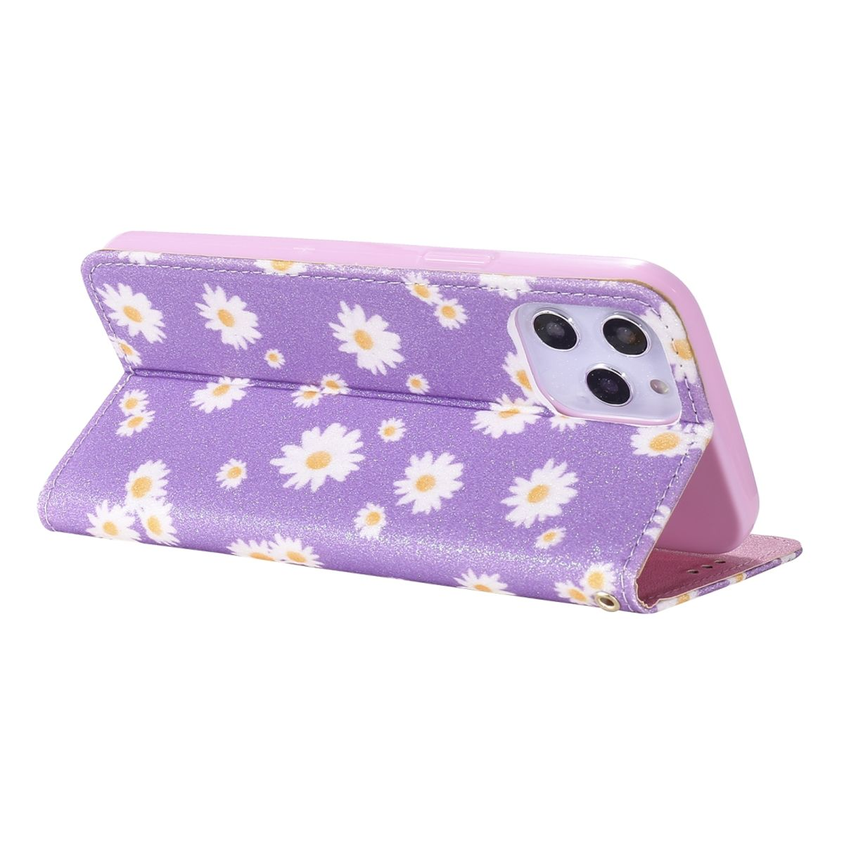 Lila Handyhülle mit Gänseblümchenmuster, offen und abgewinkelt. Das Telefon befindet sich in einem Ständer und zeigt den Bildschirm.