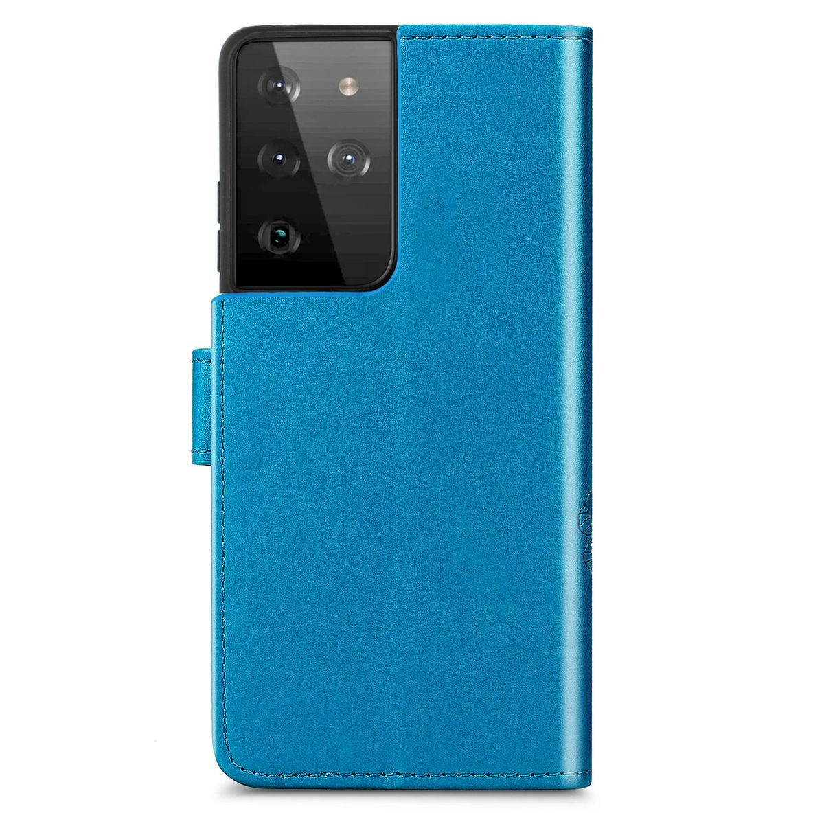 Eine blaue Handyhülle offen, mit dem Telefon darin. Das Telefon hat ein schwarzes Kameramodul.