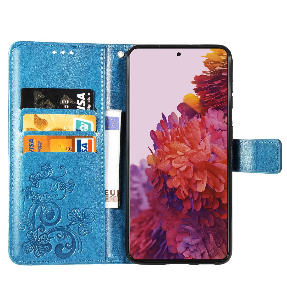 Blaue Handyhülle offen mit Karten, Geldschein und Telefon.
