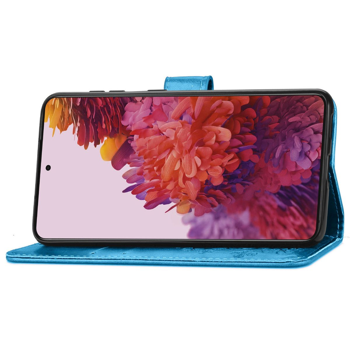 Blaue Handyhülle mit einem Handy, das bunte abstrakte Kunst zeigt. Die Hülle ist offen.