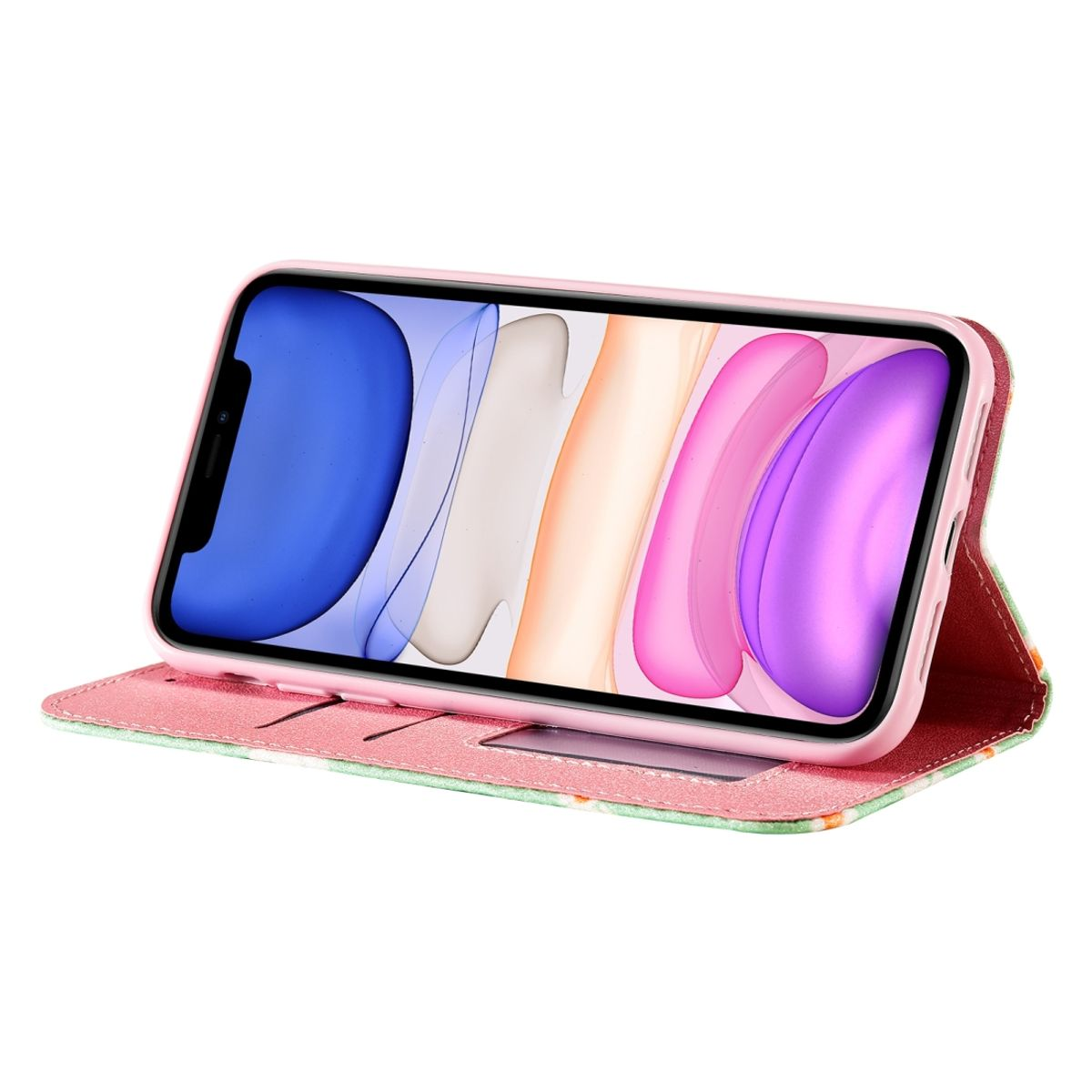 Telefon in pink-grüner Blumenhülle. Hülle offen, Telefon sichtbar. Hintergrund ist weiß.