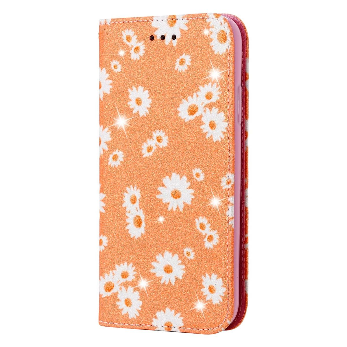Orange Handyhülle mit weißem Gänseblümchenmuster. Glitzerdetails, weißer Hintergrund.