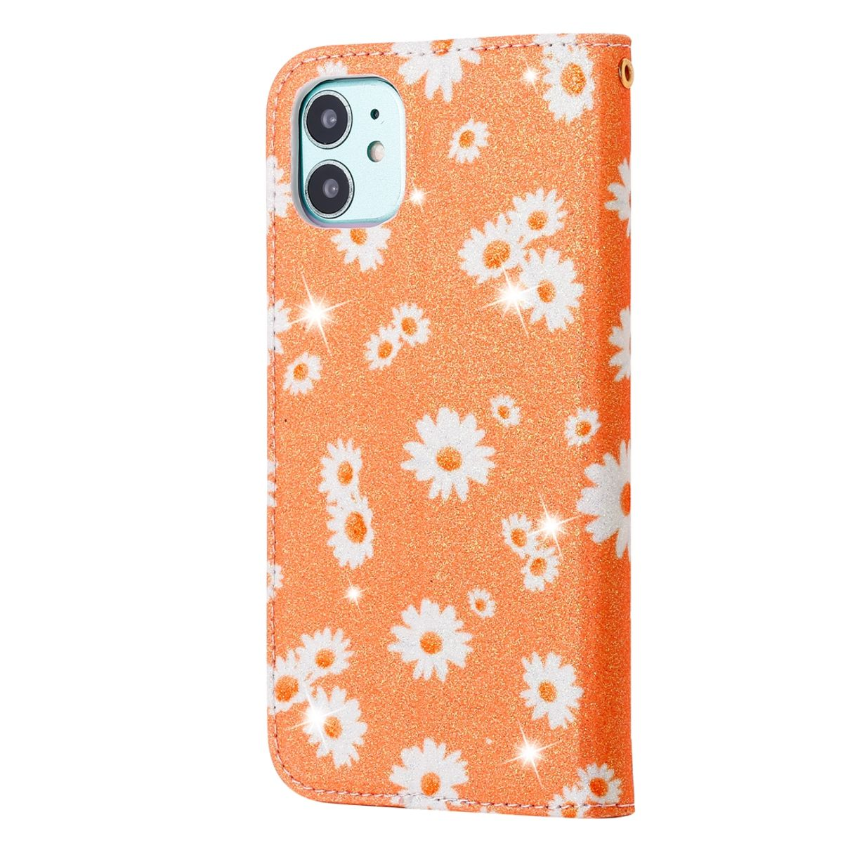 Orange Handyhülle mit Gänseblümchen. Glitzereffekt. Das Telefon ist nicht sichtbar.
