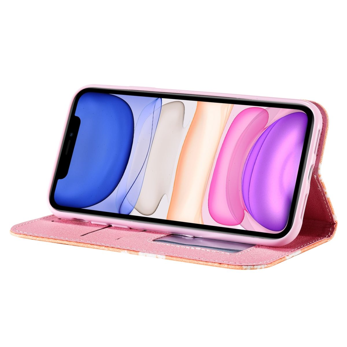Eine rosa Handyhülle mit einem Telefon darin. Die Hülle ist offen und zeigt den Bildschirm.