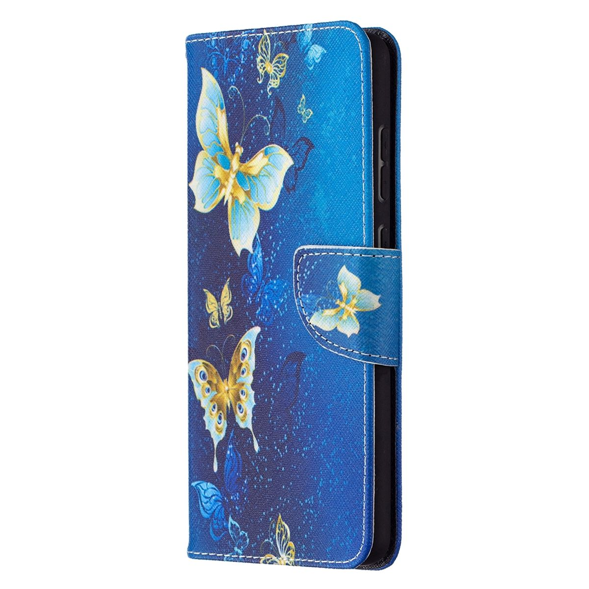 Blaue Handyhülle, Schmetterlingsdesign. Schmetterlinge auf dunkelblauem Hintergrund.