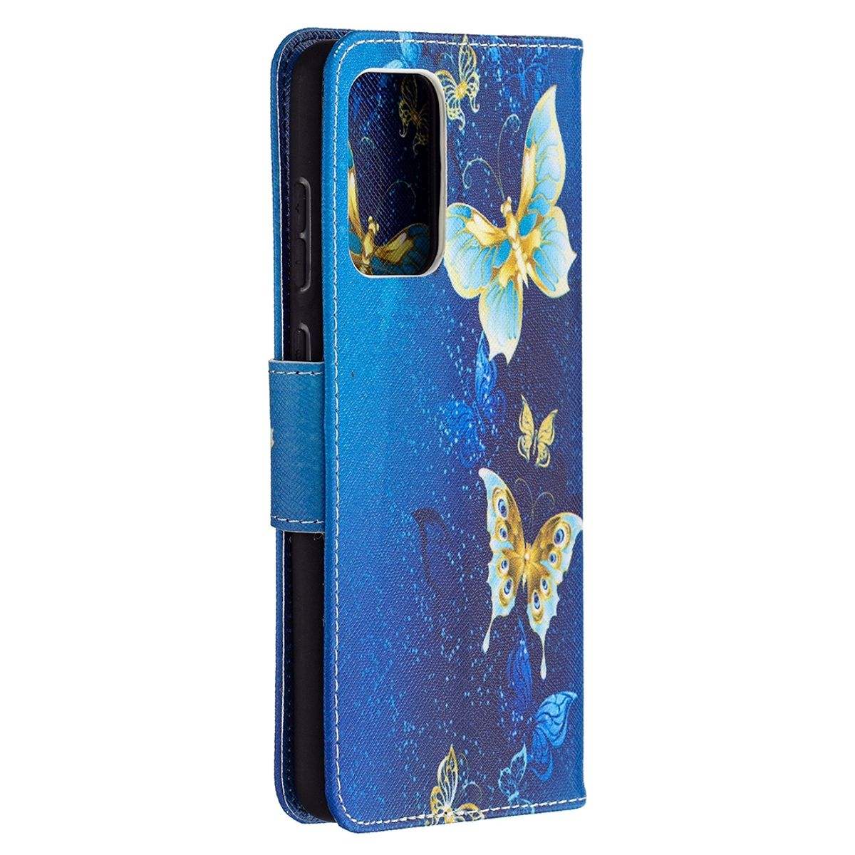 Blaue Handyhülle mit goldenen und blauen Schmetterlingen auf dunkelblauem Hintergrund.