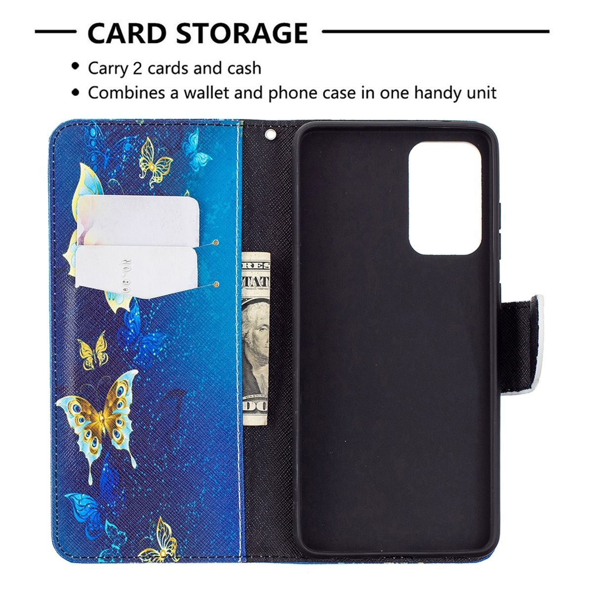 Blaue Handyhülle mit Schmetterlingsdesign, Karten, Bargeld und Telefon. Inklusive Karten- und Bargeldaufbewahrung.
