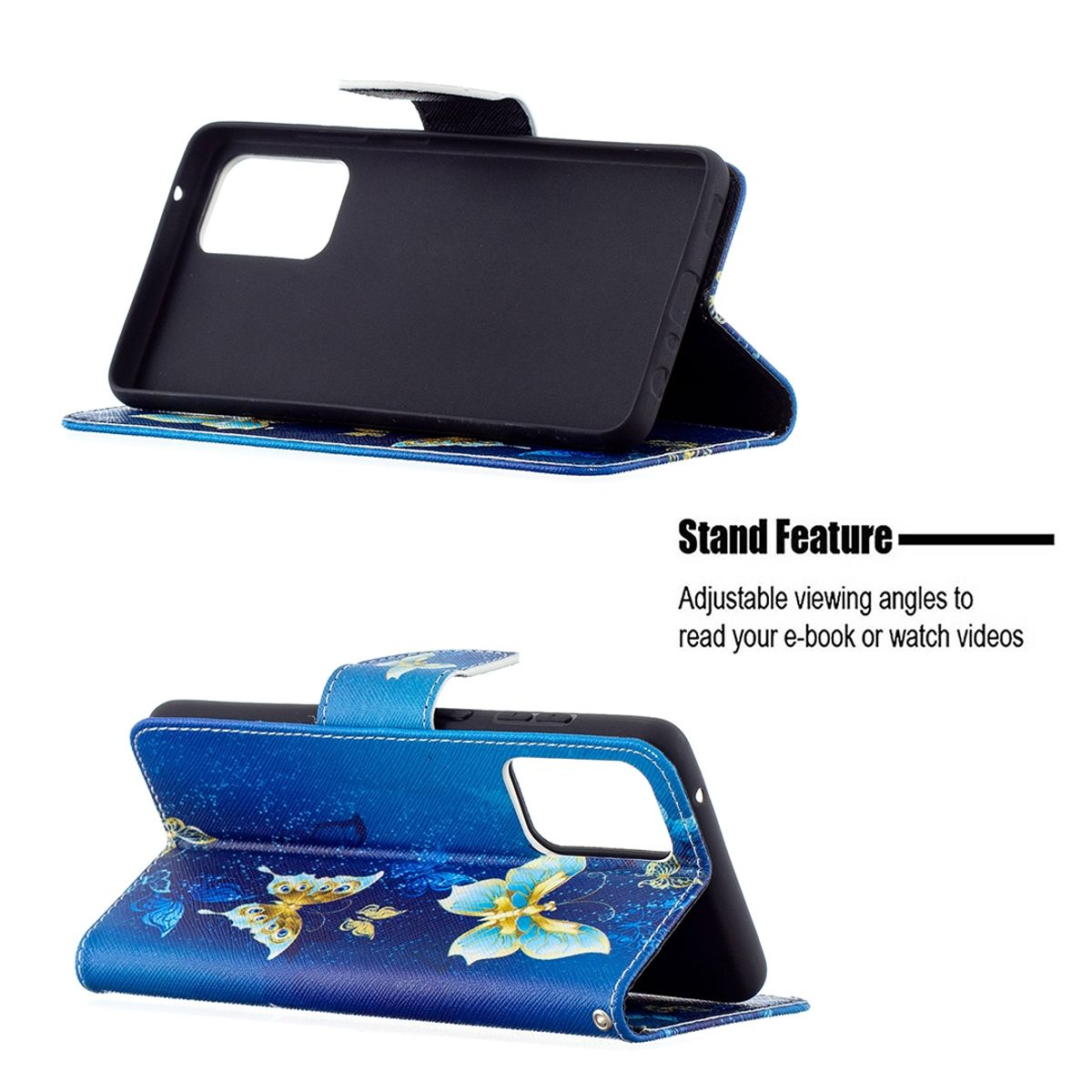 Blaue Handyhülle mit Schmetterlingsdesign, geöffnet, um das Telefon zu zeigen.