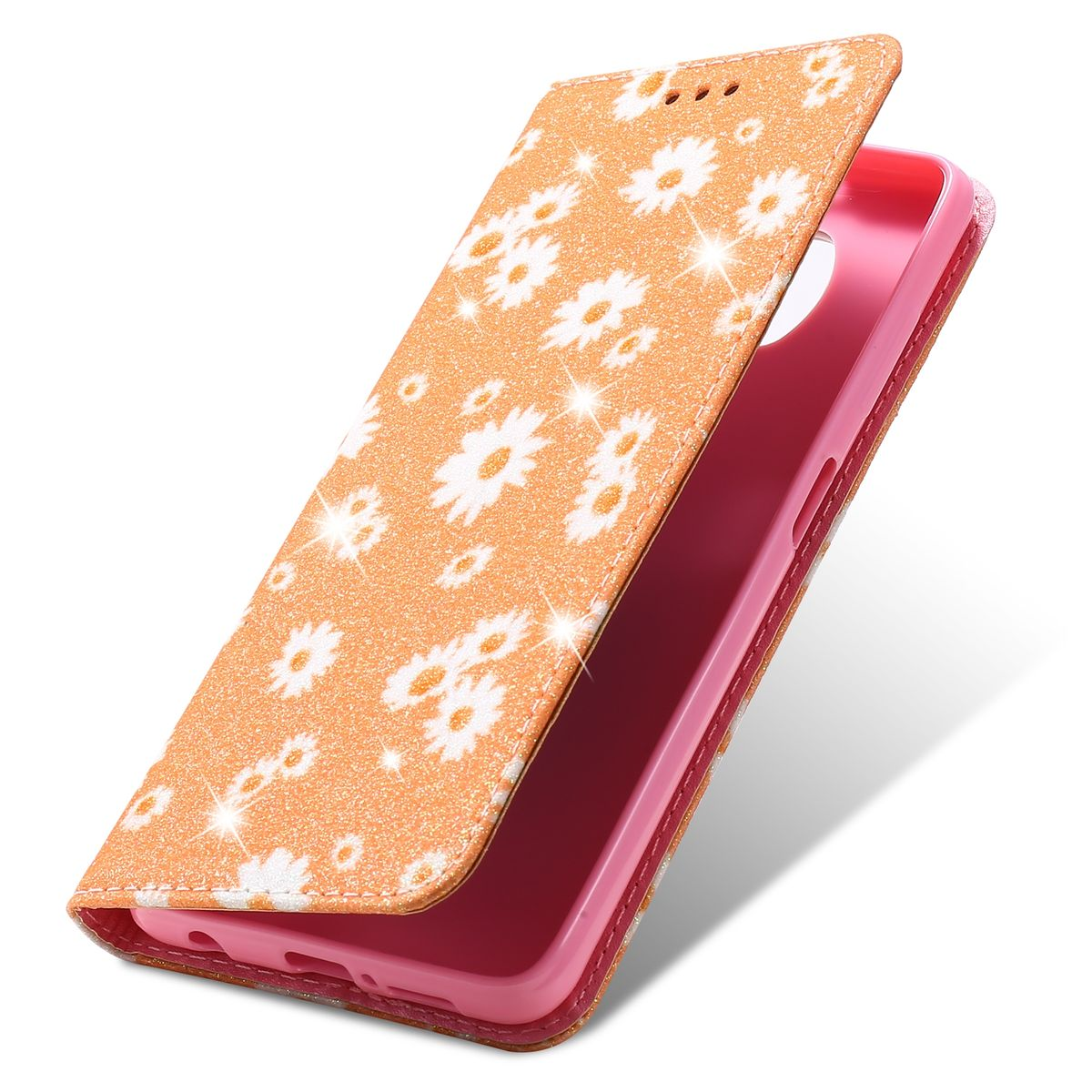 Orangene Handyhülle mit weißen Blumen. Abdeckung offen, rosa Innenseite sichtbar.