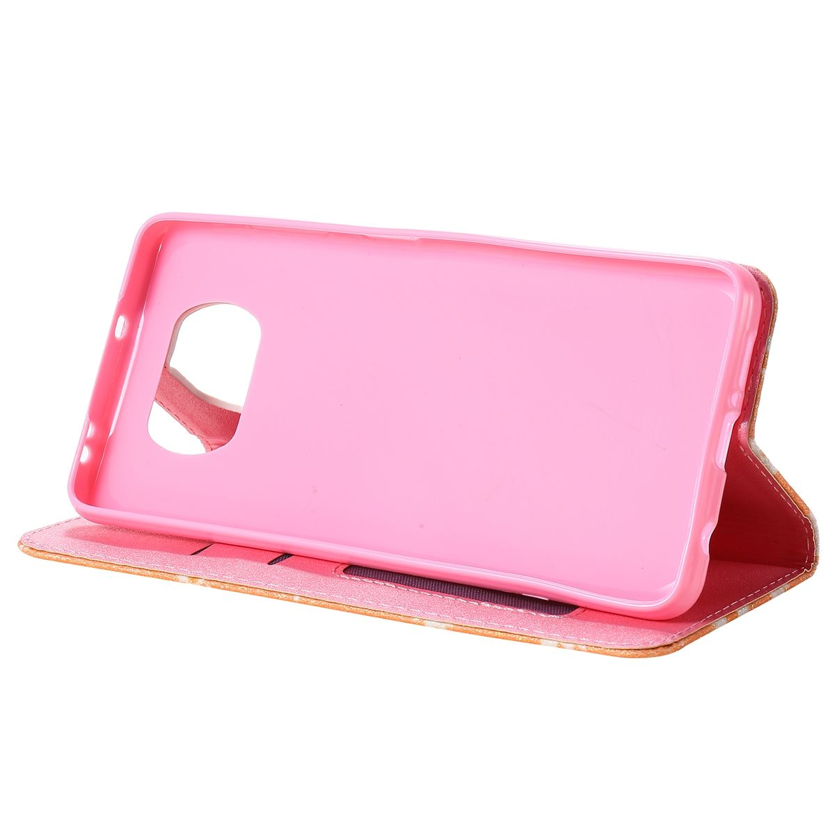Pinke Handyhülle mit einem Telefon darin. Es hat ein gepunktetes Design und einen Knopf.