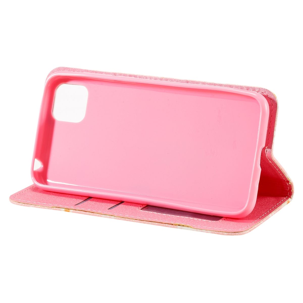 Rosafarbene Handyhülle mit Telefon. Blumendesign außen. Das Telefon ist in der Hülle.