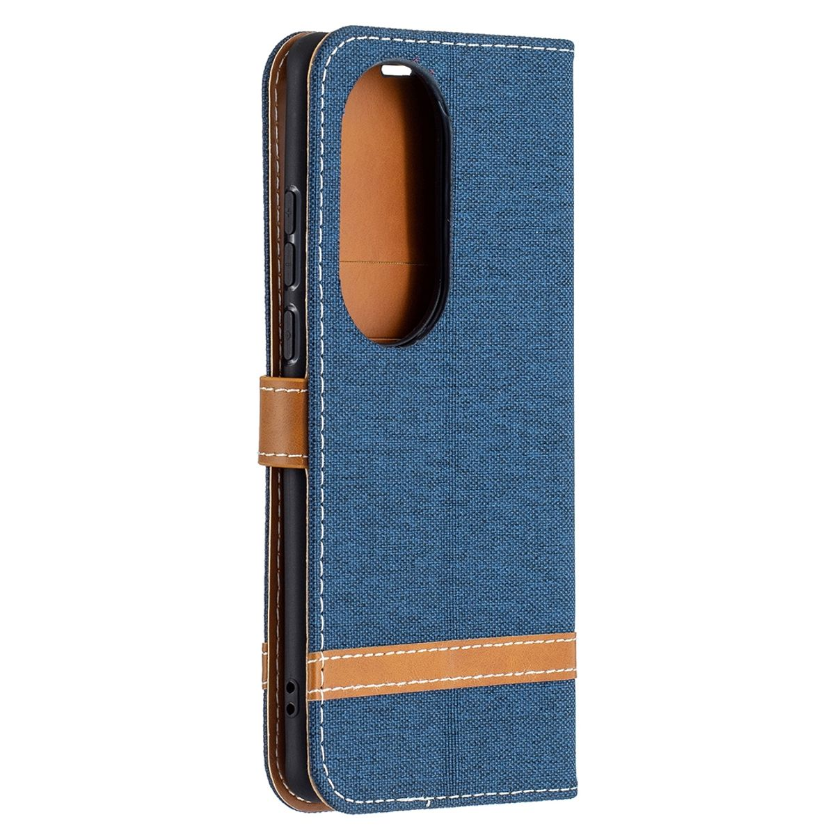 Blaue Handyhülle mit braunem Streifen und Nähten. Gehäuse ist geschlossen. Hintergrund weiß.