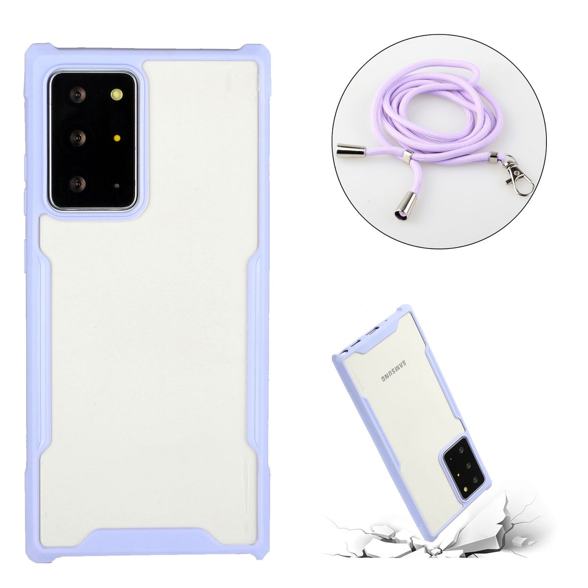 Handyhülle und Lanyard, weiß und lavendelfarben. Handyhülle auf weißer Oberfläche, mit Telefon.
